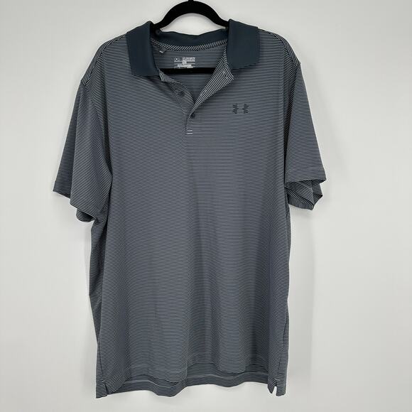 Under Armour UA Release Polo Grey Striped Collared Short Sleeve Mens 2XL Loose - Picture 1 of 8